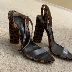 Shutz Leoaprd Faux Fur & Clear Strap Heels - size 4.5